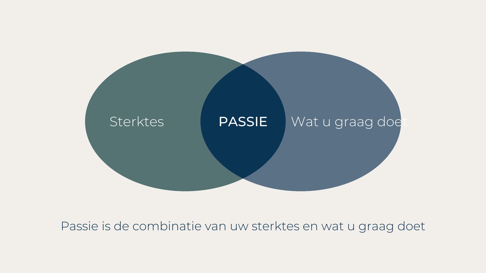 Venndiagram van twee overlappende ovalen, Sterktes en Wat u graag doet, met Passie in de overlapping