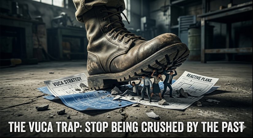 A heavy boot crushing small business people on papers labeled VUCA Strategy and Reactive Plans, with the caption The VUCA Trap: Stop Being Crushed by the Past